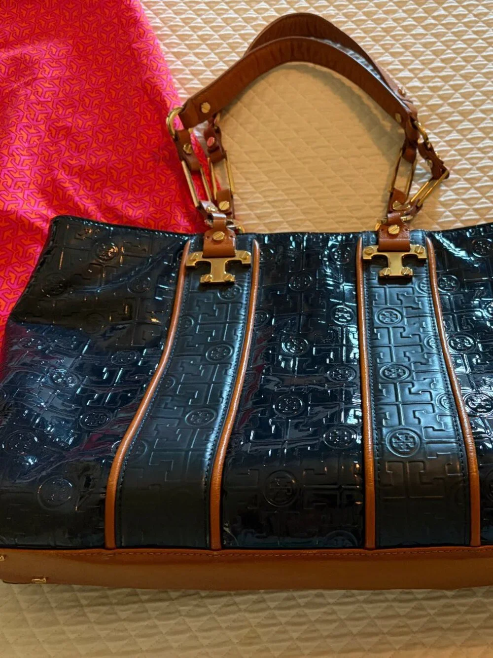 Tory Burch Navy & Tan Shoulder Bag (Gold Metal Trim)